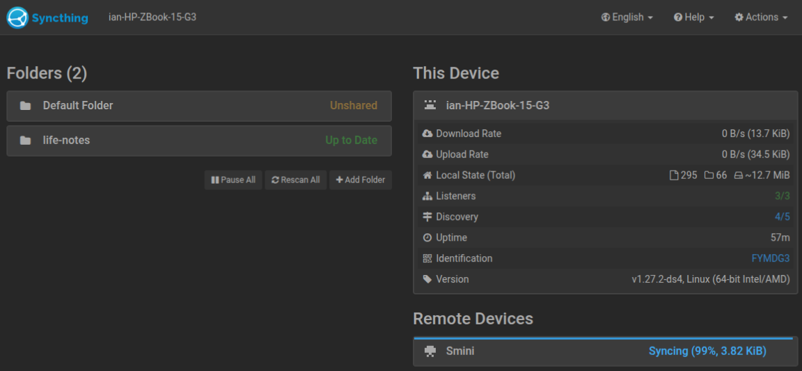 Syncthing dashboard